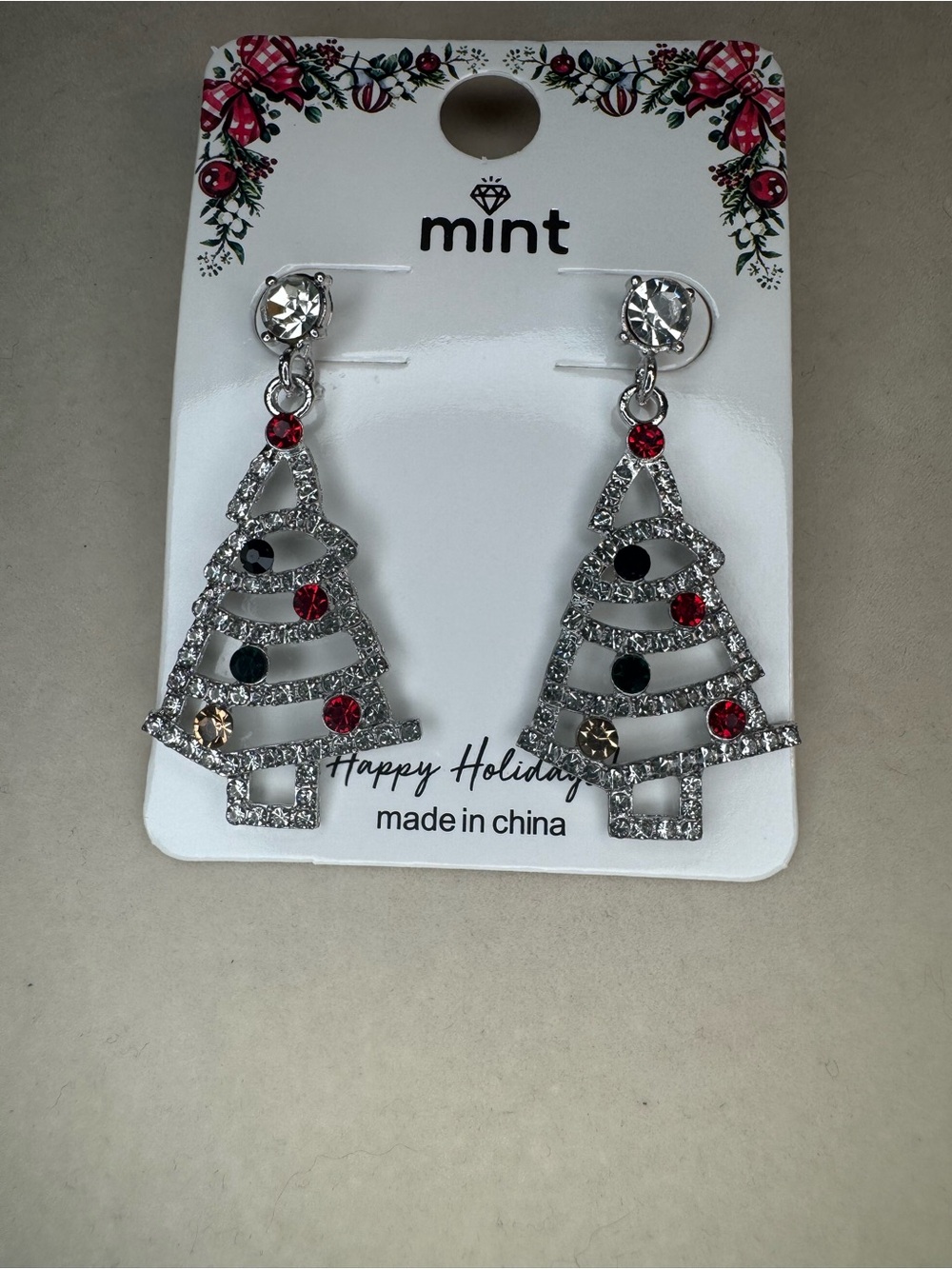 New Mint Silver Crystal Christmas Tree Drop Earrings with Red and Green Accents